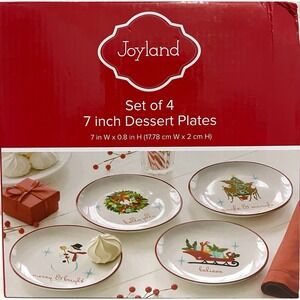 Retro MCM-Style Joyland Christmas 7" Stoneware Dessert Plates Set of 4 Open Box